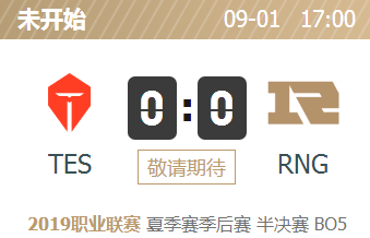 英雄联盟2019lpl夏季赛半决赛正在直播 TES vs RNG
